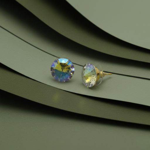 Iridescent Crystal Stud Earrings for Women | Premium Round Solitaire Earrings with Gold-Tone Post | Elegant Minimal Everyday Jewelry