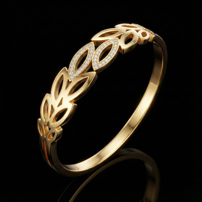 Gold Tone Olive Branch Bangle – Crystal Pave Laurel Leaf Hinged Cuff Bracelet – Nature Inspired Openwork Wedding Jewelry for Women