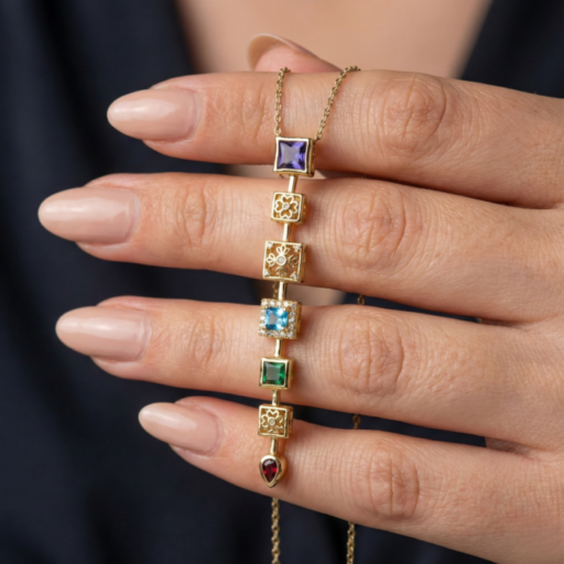 Luxury Gold-Tone Vertical Multi-Stone Pendant Necklace | Elegant Square Gemstone & Floral Motif Designer Jewelry for Women