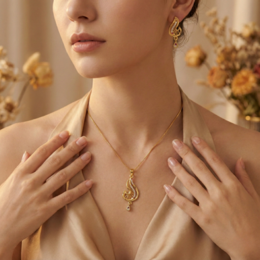 Elegant Gold-Tone Pendant & Earrings Combo Set | Curved Leaf Motif with Crystal & Red Stone Accent | Designer Jewelry Set for Women