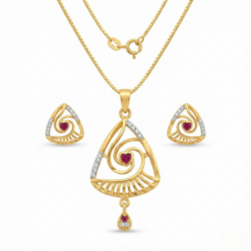 Graceful Gold Mangalsutra Set with Heart Ruby Swirl Design | Diamond-Accented Pendant & Matching Earrings