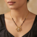 Gold Tone Short Mangalsutra Necklace – Crystal Floral Pendant with Traditional Black Beads Chain – Modern Daily Wear Jewelry for Women