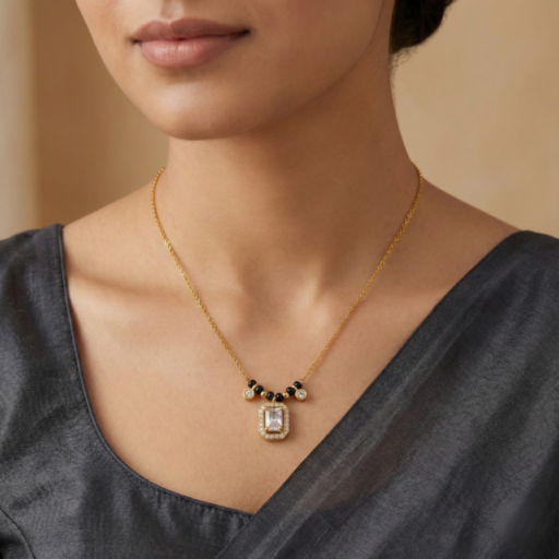 Gold Tone Short Mangalsutra Necklace – Rectangular Emerald Cut Crystal Halo Pendant with Black Beads Chain – Minimalist Diamond Look Jewelry for Women