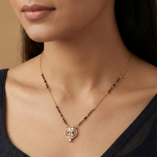 Gold Tone Short Mangalsutra Necklace – Geometric Crystal Pendant with Marquise Leaf Drop – Modern Diamond Look Daily Wear Jewelry for Women