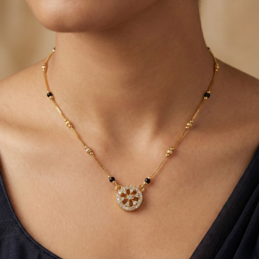 Gold Tone Short Mangalsutra Necklace – Crystal Pave Wheel / Flower Pendant with Black Beads Chain – Modern Diamond Look Daily Wear Jewelry