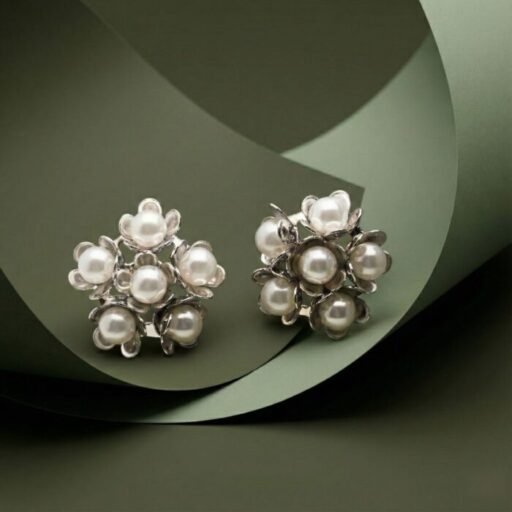 Floral Pearl Cluster Stud Earrings for Women | Silver-Tone Blossom Design | Elegant Classic Luxury Jewelry