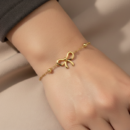 18K Gold Plated Bow Charm Bracelet – Dainty Gold Bead Chain with Minimalist Ribbon Motif – Elegant Coquette Aesthetic Jewelry – Adjustable Gift for Her