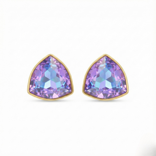 Trillion-Cut Pastel Gemstone Stud Earrings for Women | Lavender-Blue Crystal in Gold Bezel | Modern Minimal Jewelry355