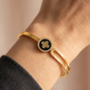 Gold Tone Black Enamel Circle Bangle – Crystal Pave Clover Charm Hinged Cuff Bracelet – Minimalist Lucky Jewelry Gift for Her