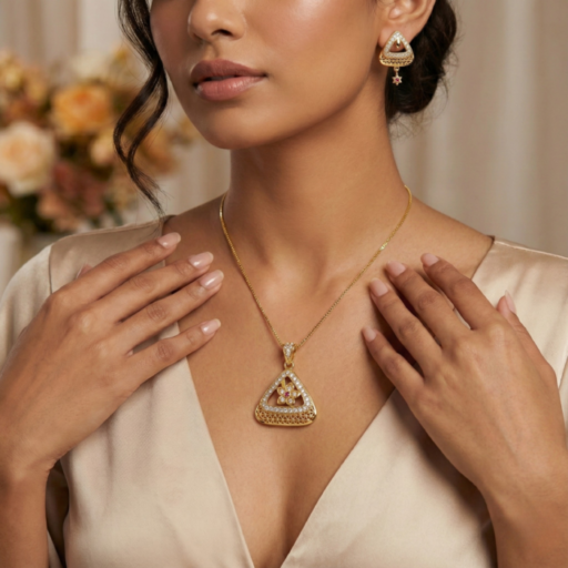 Traditional Triangle Gold-Tone Pendant & Earrings Combo Set with Red Stone | Crystal-Studded Geometric Ethnic Jewelry Set for Women