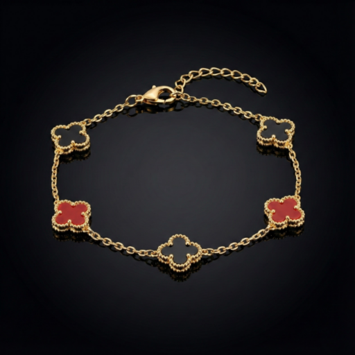 Elegant 5-Motif Clover Bracelet – Red and Black Enamel Gold Chain Bracelet – Minimalist Alhambra Inspired Jewelry Gift