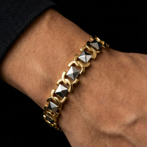 Men’s Two-Tone Pyramid Link Bracelet – Gold & Silver Geometric Studded Chain – Edgy Industrial Punk Style Statement Jewelry Gift for Him