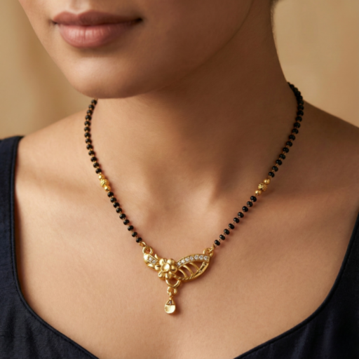 Gold Tone Short Mangalsutra Necklace – Asymmetrical Floral & Leaf Diamond Look Pendant with Drop Charm – Trendy Daily Wear Jewelry for Women