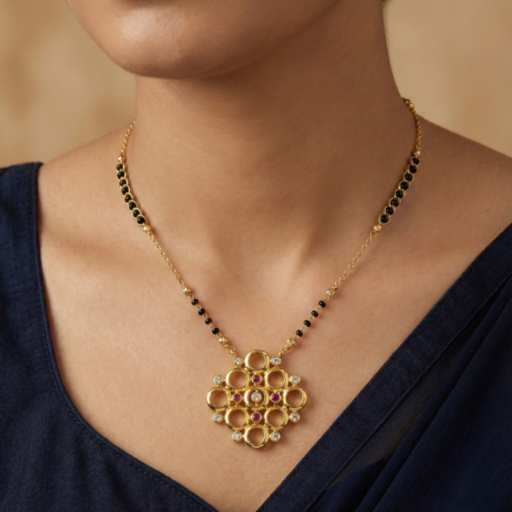 Gold Tone Short Mangalsutra Necklace – Asymmetrical Crystal Wing Pendant with Marquise Stones – Trendy Diamond Look Daily Wear Jewelry