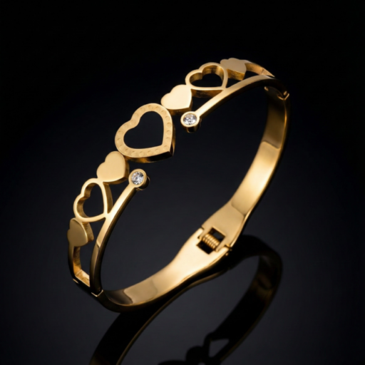 Dainty Gold Heart Charm Bangle – Open-Work Filigree Heart Bracelet with Zirconia – Sweetheart Luxury Jewelry Gift