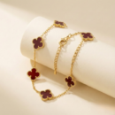18K Gold Plated Red Carnelian 5-Motif Vintage Clover Bracelet | Lucky Four-Leaf Flower Wristwear for Women