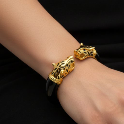 The Royal Panther: Gold & Black Enamel Hinged Bangle – Statement Jewelry