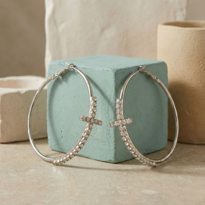 Silver-Tone Cross Hoop Earrings for Women | Crystal-Studded Designer Statement Hoops | Elegant Modern Party & Evening Wear Jewelry