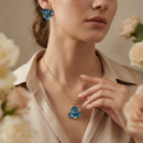 Elegant Blue Floral Pendant & Earrings Combo Set in Gold Tone | Enamel Flower Jewelry with Crystal Center | Designer Matching Jewelry Set for Women