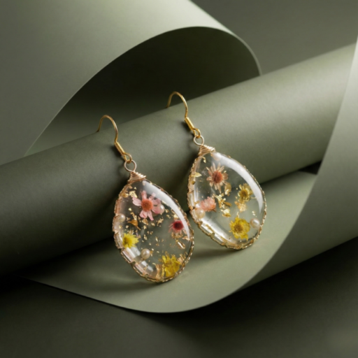 Handcrafted Pressed Flower Resin Drop Earrings | Gold Foil & Pearl Accent | Teardrop Floral Dangle Earrings for Women