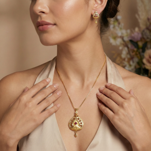 Gold Mangalsutra Pendant Set with Ruby Accent | Traditional Leaf-Drop Mangalsutra with Matching Earrings