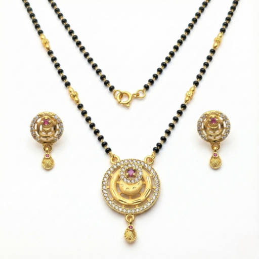 Classic Gold Mangalsutra Set with Circular Ruby Pendant & Diamond Accents | Traditional Design with Matching Earrings