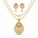 Elegant Oval Gold Tone Set with Ruby Floral Motif & Lattice Design Pendant