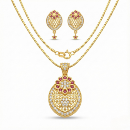 Elegant Oval Gold Tone Set with Ruby Floral Motif & Lattice Design Pendant