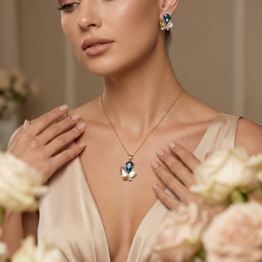 Elegant Blue Crystal & Pearl Pendant Set with Matching Stud Earrings