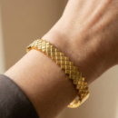 Gold Tone Geometric Pyramid Bangle – Textured Square Pattern Hinged Cuff Bracelet – Modern Architectural Statement Jewelry for Women