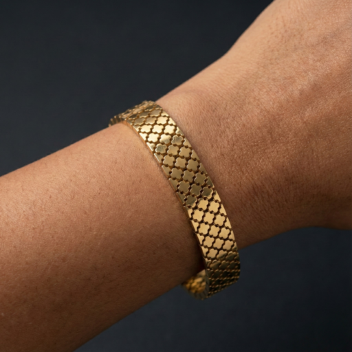 Gold Tone Brass Cuff Bracelet for Women Wide Geometric Quatrefoil Pattern Bangle – Modern Hinged Statement Jewelry Gift for Her