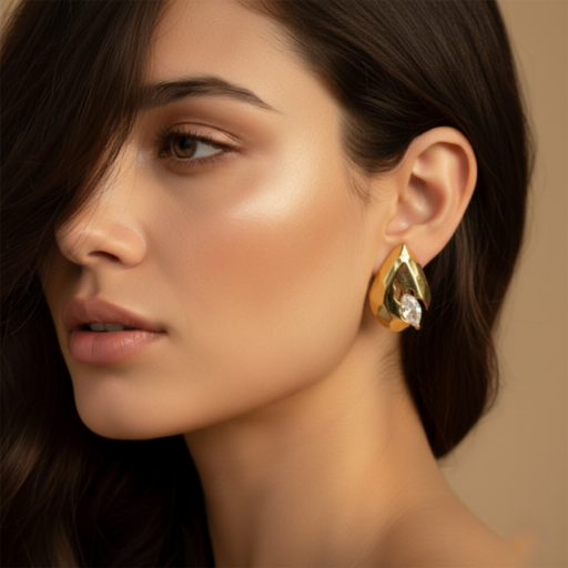 Gold Tone Sculptural Teardrop Earrings – Modern Abstract Cutout Studs with Crystal Accent – Contemporary Architectural Jewelry Gift for Women