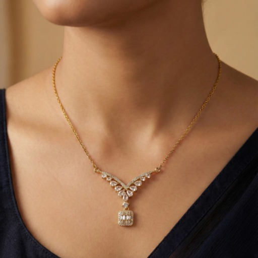 Gold Tone V-Collar Crystal Necklace – Marquise Chevron Pendant with Square Halo Drop – Elegant Bridal & Evening Statement Jewelry