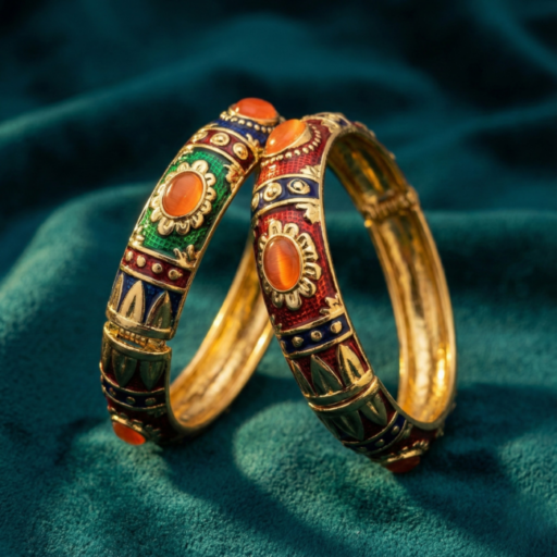 Traditional Meenakari Enamel Bangle for Women – Gold Tone Broad Kangan with Orange Stones – Ethnic Indian Wedding & Festive Jewelry Gift
