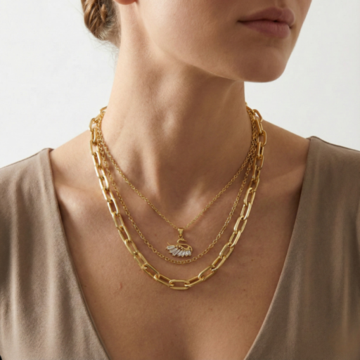 Gold Tone Layered Necklace Set – Crystal Swan Pendant with Chunky Paperclip Link & Cable Chains – Trendy Multi-Strand Jewelry for Women