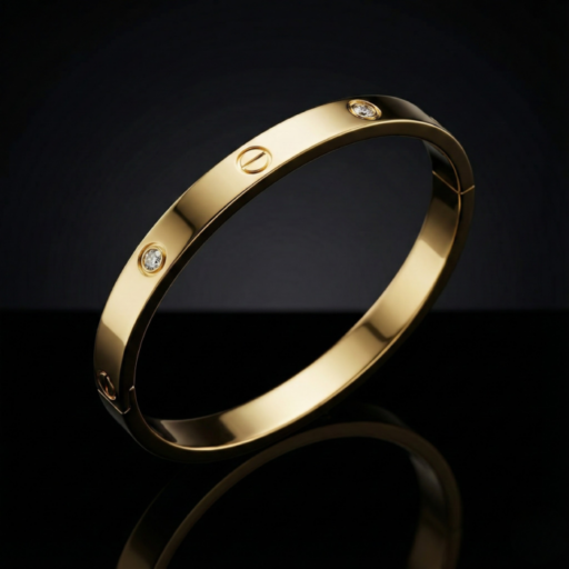 Gold Screw Detail Bangle with Zirconia Accents – High-Polish Luxury Hinged Bracelet – Iconic Minimalist Jewelry