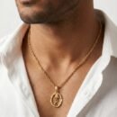 Gold Tone Om Pendant Necklace for Men with CZ Stones | Circular Om Locket with Sparkling Crescent Design & Rope Chain | Religious Spiritual Jewelry Gift for Him