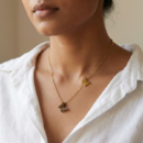 Gold Plated Double Butterfly Necklace | Brown Glitter Enamel Pendant with Asymmetrical Side Charm | Dainty Nature Jewelry Gift