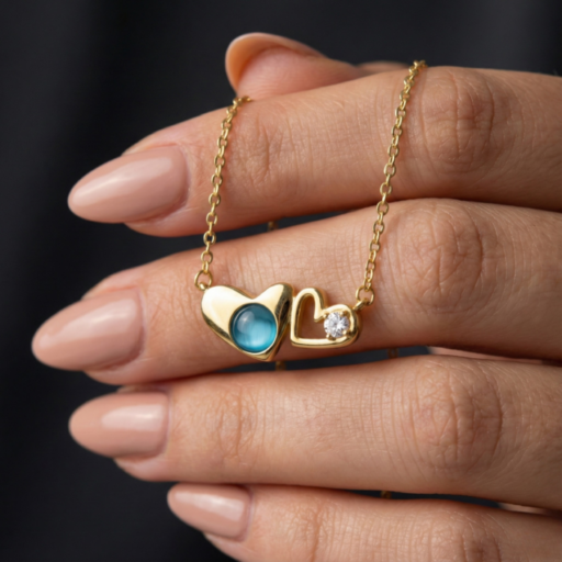Minimalist Double Heart Pendant Necklace in Gold Tone | Blue Stone & Crystal Accent Love Necklace | Elegant Everyday Jewelry for Women