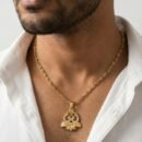 Gold Tone Om Pendant Necklace for Men with CZ Stones | Round Spiritual Locket with Crystal Crescent & Rope Chain | Religious Gift