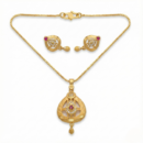 Traditional Gold-Tone Teardrop Pendant & Earrings Combo Set with Red Stone | Crystal-Studded Designer Jewelry Set for Women
