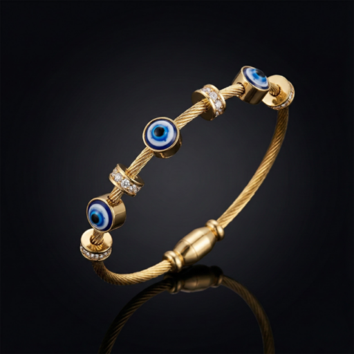 Gold Tone Twisted Cable Wire Bangle – Blue Evil Eye Protection Bracelet with Crystal Pave Spacers – Lucky Nazar Talisman Jewelry Gift for Women