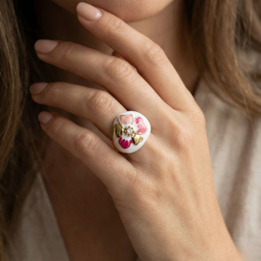 Floral Enamel Gold-Tone Statement Ring with Crystal Center | Pink & White Flower Design | Elegant Designer Ring for Women