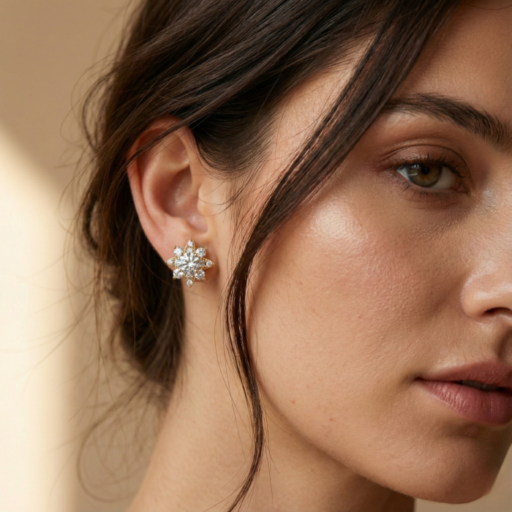 Gold Tone Crystal Snowflake Stud Earrings – Cubic Zirconia Starburst Floral Post Earrings – Dainty Elegant Bridal Wedding Jewelry Gift for Women