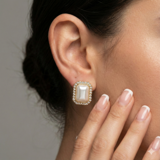 Gold Tone Rectangular Pearl Stud Earrings – Crystal Pave Halo Cushion Cut Faux Pearl Button Earrings – Vintage Inspired Wedding Jewelry for Women