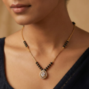 Gold Tone Short Mangalsutra Necklace – Solitaire Style Pear Cut Crystal Teardrop Pendant with Halo – Modern Diamond Look Daily Wear Jewelry