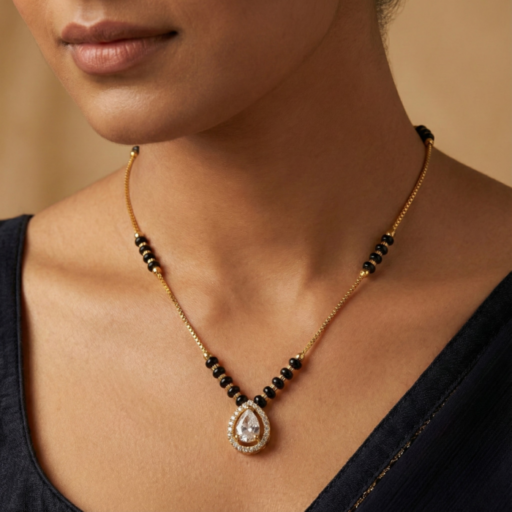 Gold Tone Short Mangalsutra Necklace – Solitaire Style Pear Cut Crystal Teardrop Pendant with Halo – Modern Diamond Look Daily Wear Jewelry