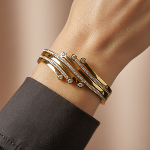 Gold Tone Crystal Wave Bangle – Multi-Row Pave Cubic Zirconia Hinged Cuff Bracelet – Elegant Statement Jewelry for Parties & Weddings