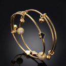 Gold Tone Expandable Wire Charm Bangle Set – Black Enamel Hearts & Crystal Pave Spheres – Romantic Stackable Love Jewelry Gift for Her