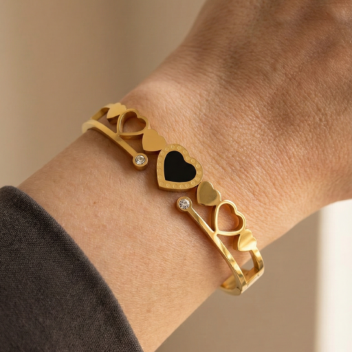 Gold Tone Heart Bangle Bracelet – Black Enamel Love Heart & Crystal Accent Hinged Cuff – Romantic Cutout Statement Jewelry Gift for Her